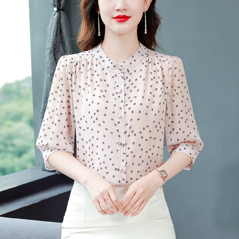 Silk Chiffon Shirt for Women 2025 New Spring and Summer Fashion Age-Reducing Blouse for Middle-Aged Moms, Mulberry Silk Top