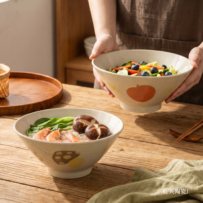 Japanese-style ceramic bowl with underglaze decoration, dining bowl, soup bowl, housewarming gift, cute graffiti conical noodle bowl