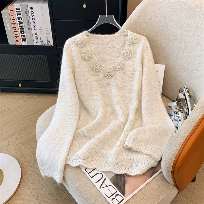 Французский абрикосовый камелия свитер с V-образным вырезом женский осенний и зимний свободный вязаный свитер шикарный полый блузник