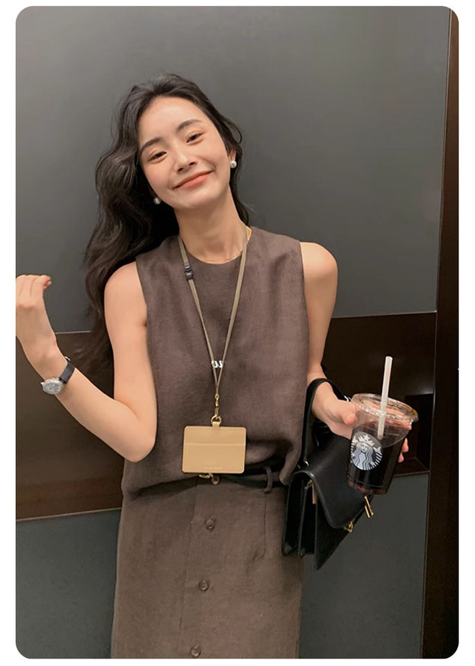 Bộ đầm hai mảnh nữ áo lanh cổ tròn không tay kèm chân váy chữ A dài vừa tôn dáng — Màu be, Màu cà phê chi tiết 14
