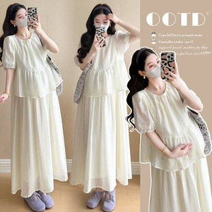 Real shot 2025 summer new temperament age-reducing slimming fake two-piece stitching design sense pregnant women dress