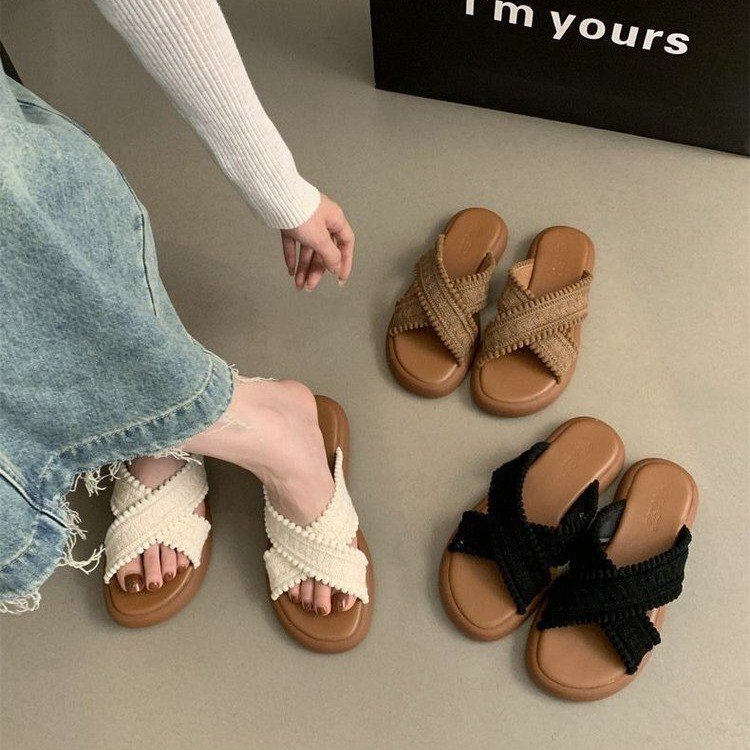Women's Thick-Soled Slippers, Women's Summer Outer Wear, Fairy Bohemian Sandals, Soft Flat-Soled Seaside Beach Roman Shoes, Comfortable