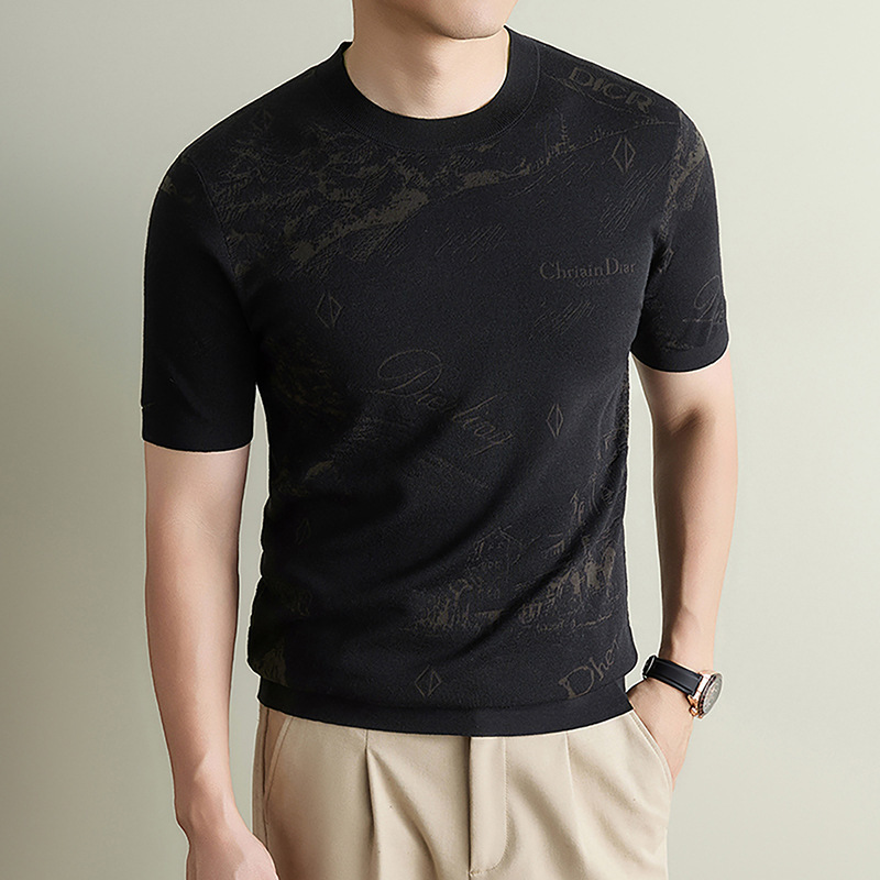 Autumn men's vintage jacquard short-sleeve round-neck pullover sweater, versatile for commuting, made of mulberry silk