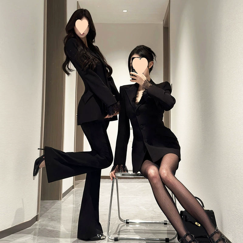 Элегантный черный кружевной приталенный блейзер с длинными рукавами, весенний повседневный костюм с брюками для профессионального образа.