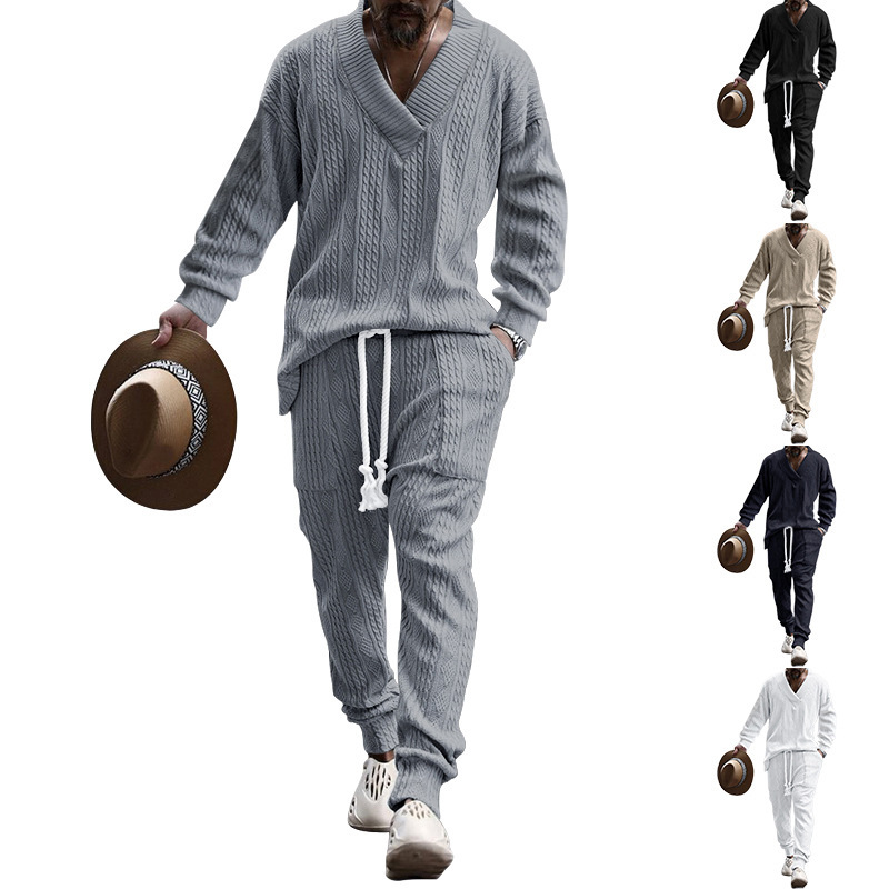 Set autunnale uomo maglieria jacquard con pantaloni collo a v_voghion.com