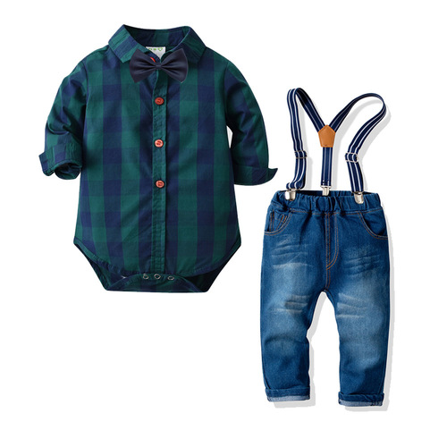 Cross-border baby suit, boy toddler, spring and autumn, triangular collar, tie, denim overalls set, crawling suit
