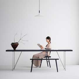 侘寂风白蜡木餐桌实木岛台黑色家用办公桌原木简约不锈钢碳化茶桌