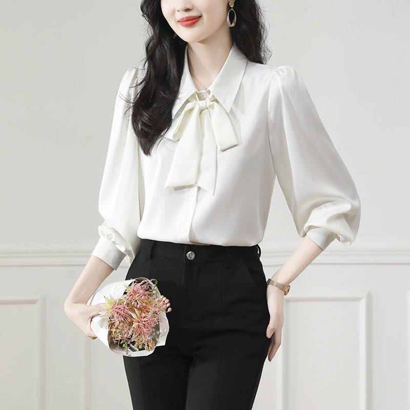 Autumn elegant white professional shirt with bow