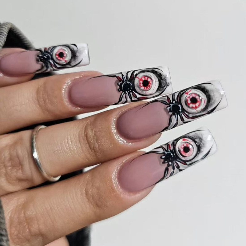 Halloween Horror Novelty Eyeball Spider French Design Long Tube Wearable Nail Art Fashion Fake Nails Halloween Horror Novelty Eyeball Spider French Design Long Tube Wearable Nail Art Fashion Fake Nails