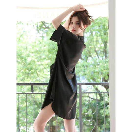 2025 Spring and Summer New Ice Silk Nightgown for Women Loose Thin Boyfriend Style Short-Sleeved Simple Pure Color Shirt Pajamas