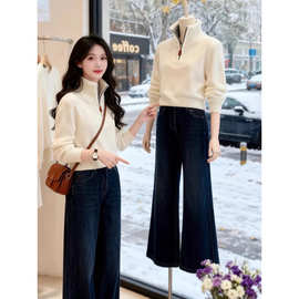 白色半拉链立领针织毛衣长袖恤女2025新款巨好看的冬装内搭上衣