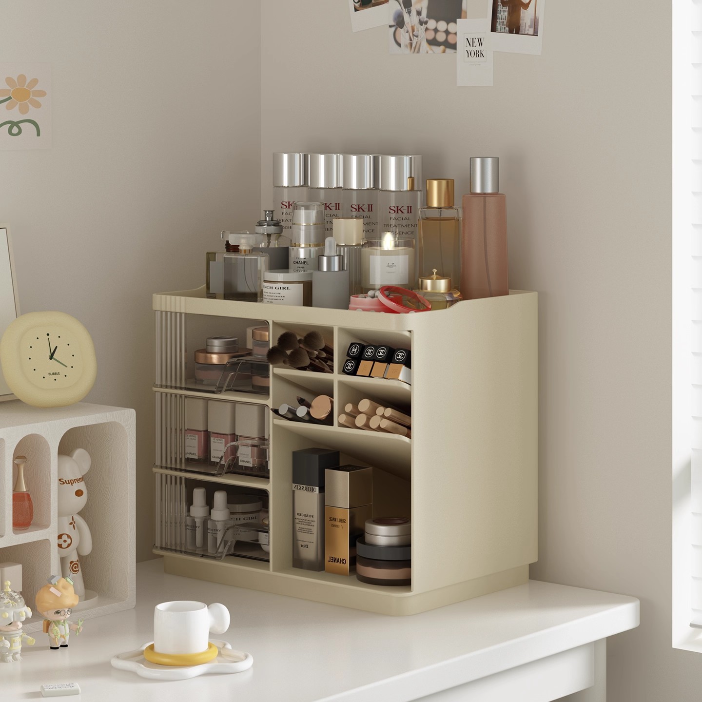Caja de almacenamiento de cosméticos de escritorio, estante de almacenamiento de aparador, estante de exhibición tipo cajón de gran capacidad, estante de acabado de productos de cuidado de la piel