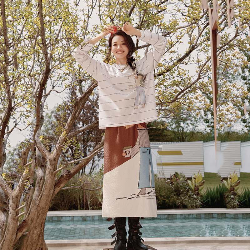 Shu Qi's Same Style Striped Cartoon Print Long-Sleeve T-Shirt 2026 Spring New Loose Versatile Top for Women 2K1Ba06 Shu Qi's Same Style Striped Cartoon Print Long-Sleeve T-Shirt 2026 Spring New Loose Versatile Top for Women 2K1Ba06