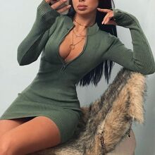 Solid color long sleeved zipper dress Ůʿ��ɫ�L������B��ȹ