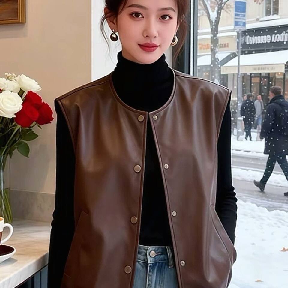 Áo gile da PU nữ dáng ngắn không tay cổ tròn phối layer form rộng — Màu nâu cà phê, màu đen chi tiết 8