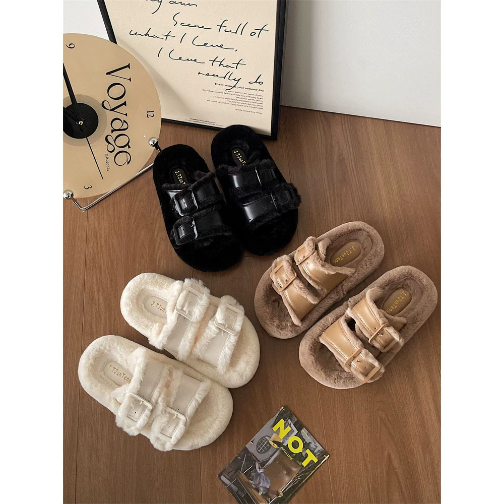 Женские шерстяные тапочки в стиле ins с толстой подошвой, 2023 г., новые высококачественные универсальные популярные тапочки в стиле ретро с одним словом