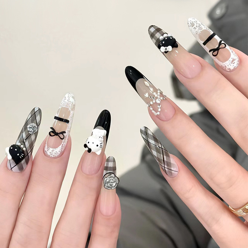 10 Pieces of Handmade Coded Elegant Black Ballet French Sweet and Cool Stereo Kitty Cat Plaid Wearable Nails Wholesale 10 Pieces of Handmade Coded Elegant Black Ballet French Sweet and Cool Stereo Kitty Cat Plaid Wearable Nails Wholesale