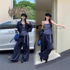 大码女装格子绑带吊带外套套装女2025新款慵懒休闲裤三件套女