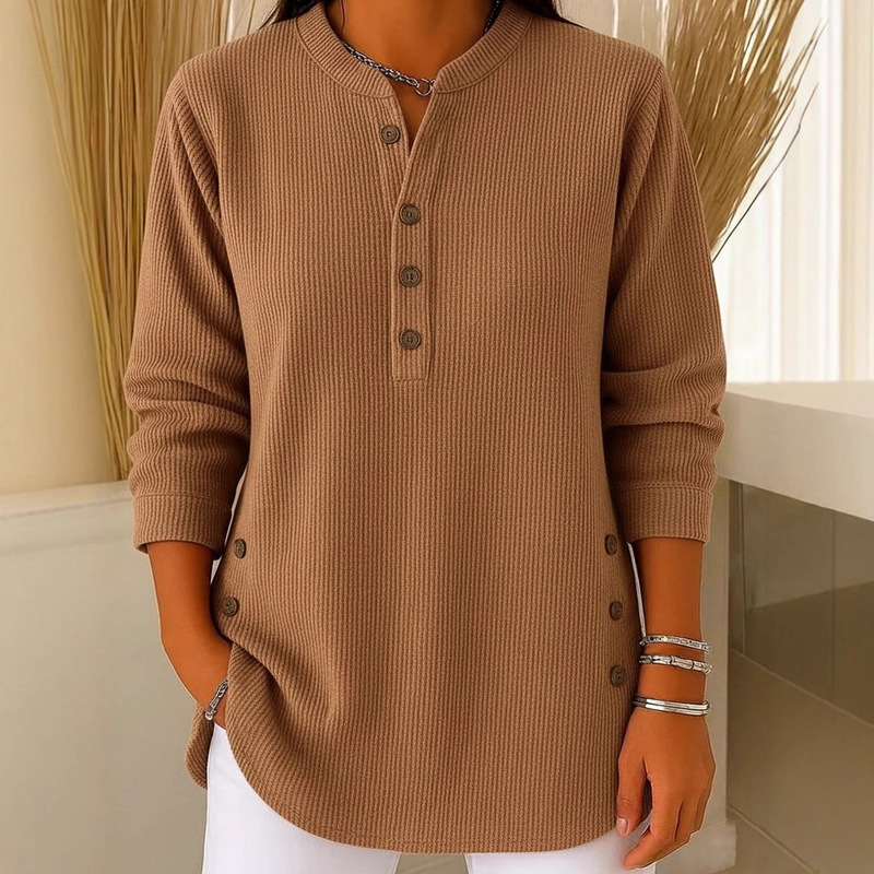 2025 Cross-Border European and American Autumn and Winter New Corduroy Pure Color Loose Casual V Neck Button Long-Sleeved Women's Top T-Shirt