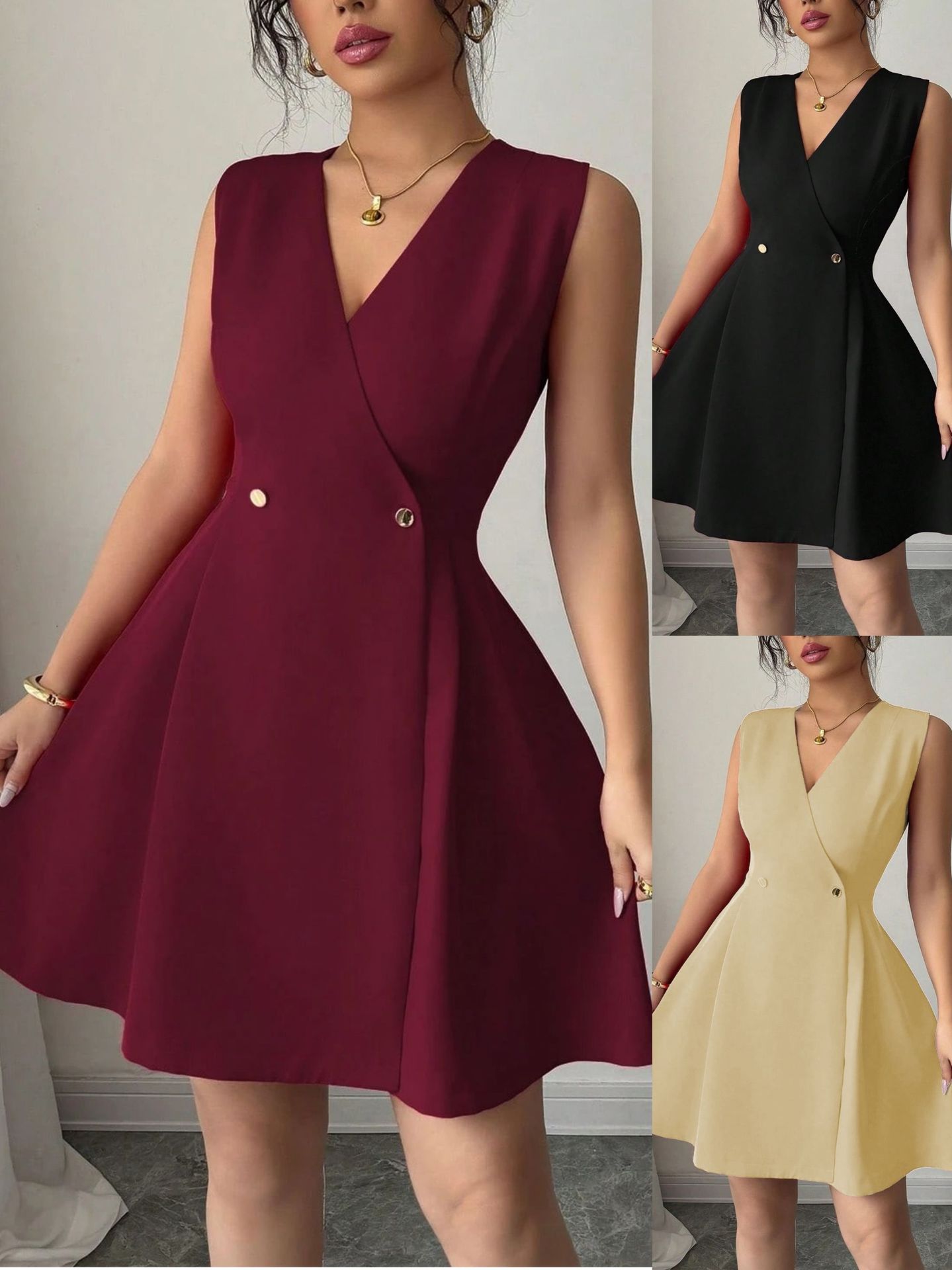 Elegant solid color small dress with sleeves sleevless