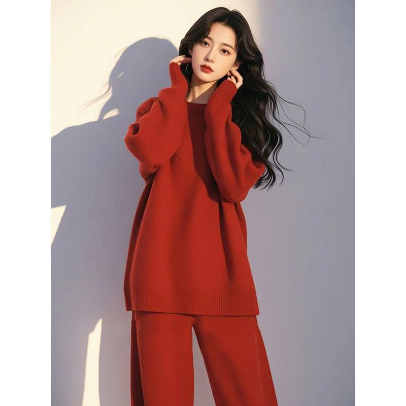 Wear a Complete Set of Lazy Style, Super Nice-Looking, Unique and Beautiful Korean-Style High-End Relaxed Autumn and Winter Red Sweater Suit