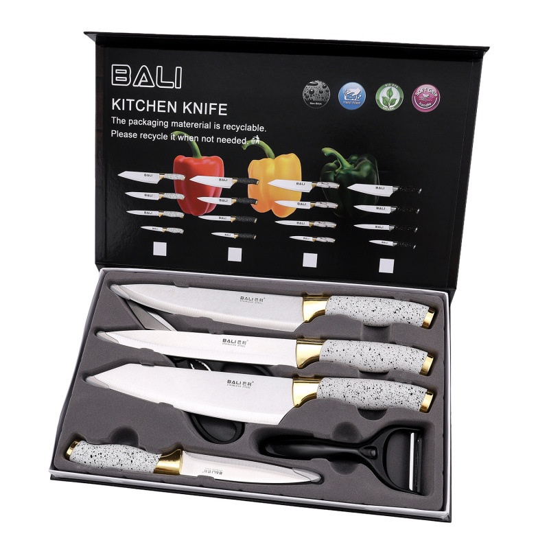 Gran por mayor mármol doble galvanoplastia seis piezas juegos de cuchillos de cocina tijeras cuchillos multifuncionales regalos