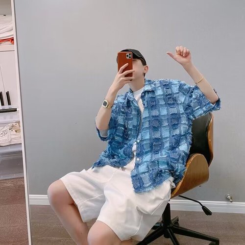 Fashionable Bague Collar Fringe Short Sleeve Shirt for Men and Women, Summer Ins Hong Kong Style Loose Chanel Style Blouse, Five and a Half Sleeve