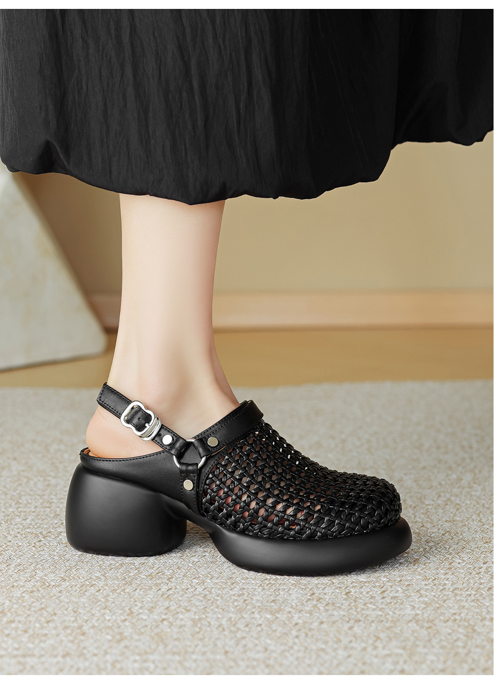 Sandal cao gót nữ mũi hở đế dày gót 6 cm phong cách dệt — đen chi tiết 14