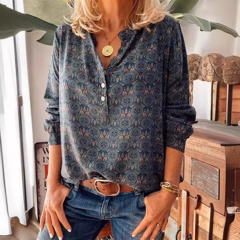 Wish Aliexpress Ebay 2024 Spring New Retro Print Stand-Up Collar Long-Sleeved Casual Women's Shirt Top