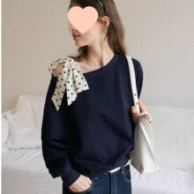 撞色波点系带宽松斜肩卫衣女秋季新款蓝色气质显瘦休闲长袖上衣潮