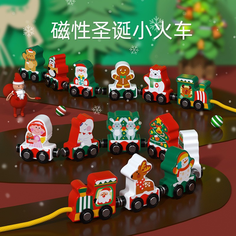 Tren de Navidad magnético para niños tren de tracción puzzle coche de juguete infantil educación temprana inteligencia regalos de Navidad de madera