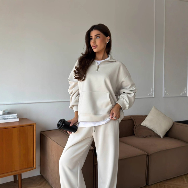 European and American Cross-Border Casual Women's Cotton Suit Zipper Lapel Pullover Sweatshirt Lace-Up Straight Wide-Leg Pants Two-Piece Set European and American Cross-Border Casual Women's Cotton Suit Zipper Lapel Pullover Sweatshirt Lace-Up Straight Wide-Leg Pants Two-Piece Set