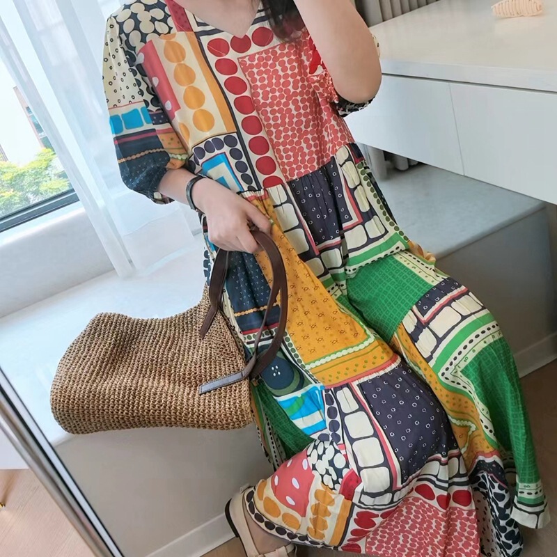 Tether Women's Cotton Silk dress Slimming Outer Wear Mid-Sleeve Long Dress Faux Cotton Silk Home Nightdress Cake Skirt Spring and Summer