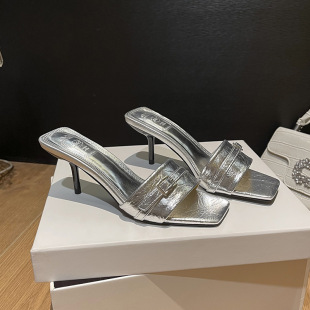 Spice! 2025 New European and American Style Square Toe Open Toe Sandals for Women with Super High Heel Metal Heel Slippers silver