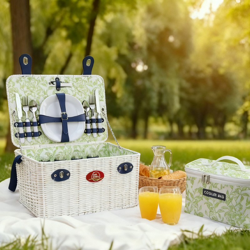 Cestas de picnic de plástico tejidas a mano personalizadas cuádruples tejidas a mano cinturón de hielo cinturón de hombro tela de caña cesta de mano