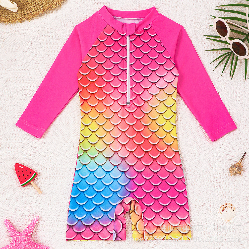 2025 New Long-Sleeved Kidsren's Colorful Fish Scale Print Swimsuit Girls One-Piece Sun Protection Hot Spring Quick-Drying Swimsuit