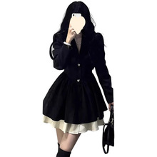 小香风黑色长袖西装连衣裙子秋季高级感收腰小个子法式公主蓬蓬裙