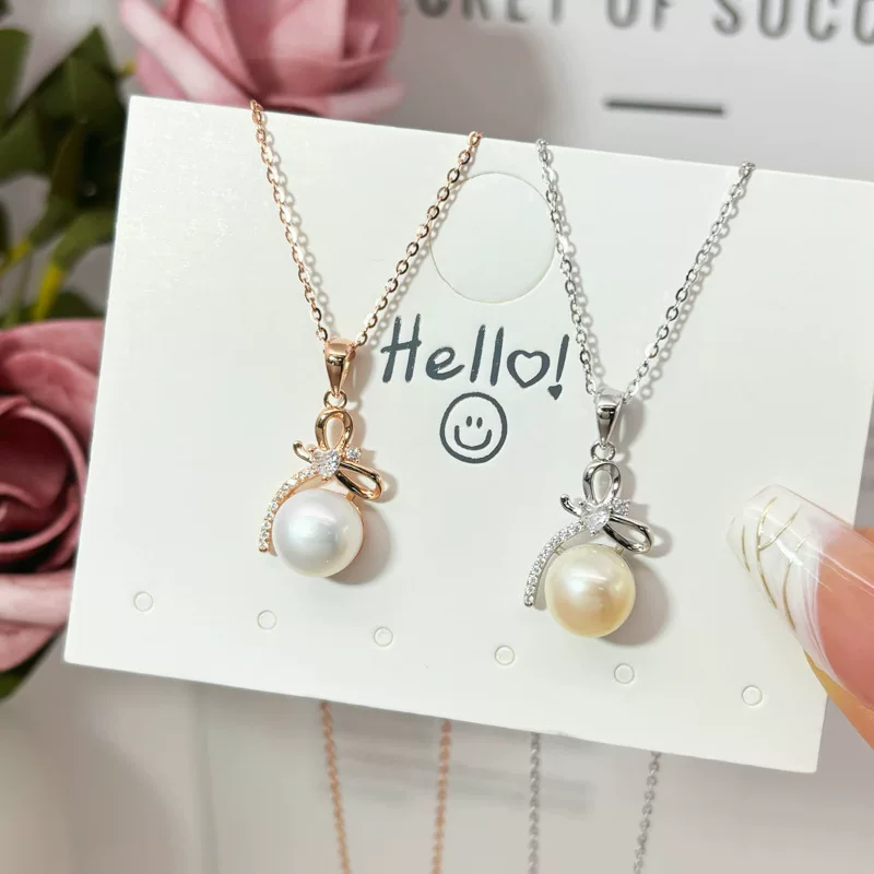 Small design necklace, pendant with bow pearl, universal chain for key bag , silver 925 sample, high-quality style