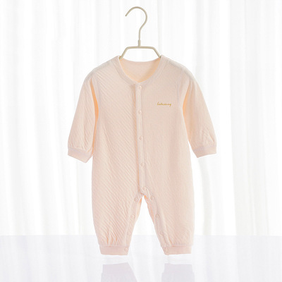婴儿春秋单排扣纯色连体衣长袖爬服居家四季款宝宝长绒棉无骨哈衣