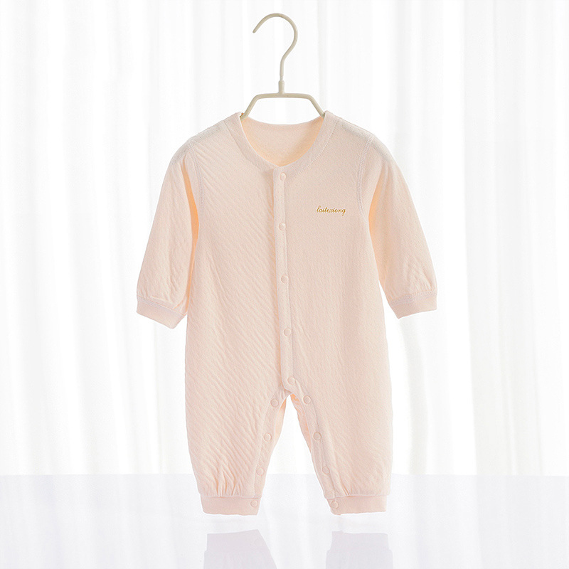 婴儿春秋单排扣纯色连体衣长袖爬服居家四季款宝宝长绒棉无骨哈衣