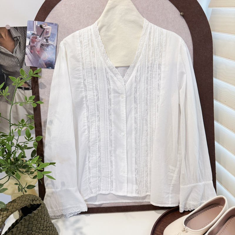 In stock/White V-neck lace trim patchwork striped early autumn long-sleeve bell-sleeve blouse for homebodies!