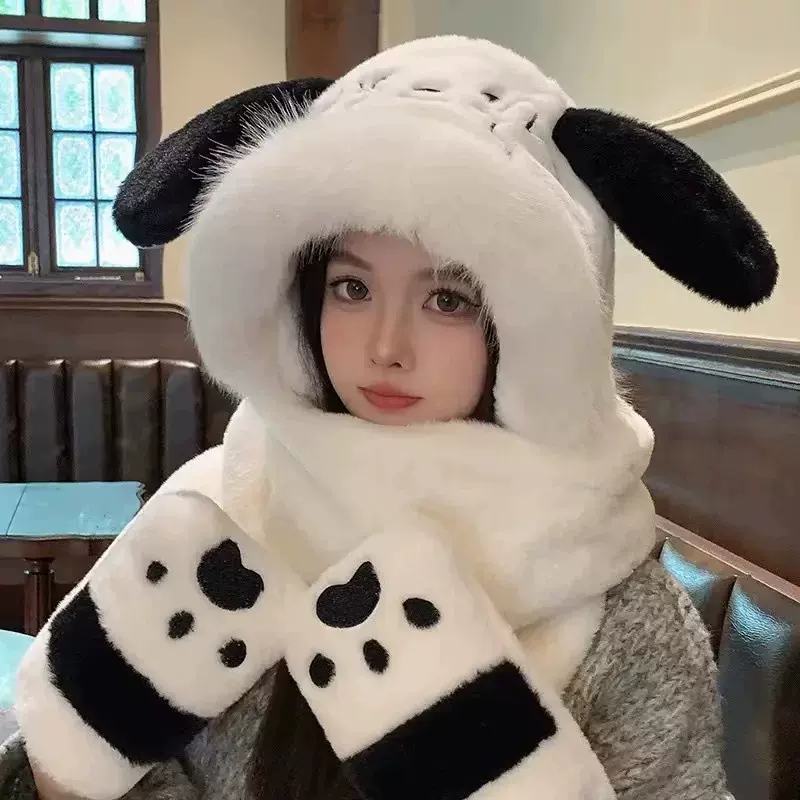 可爱小狗帽子围巾手套一体加绒加厚女秋冬季保暖围脖毛绒绒三件套