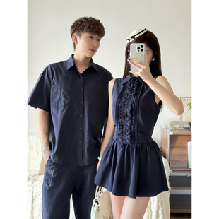 2025 Couple Outfit Summer Solid Color French Style Pure Desire Shirt Dress with Slimming Waist and Sleeves
