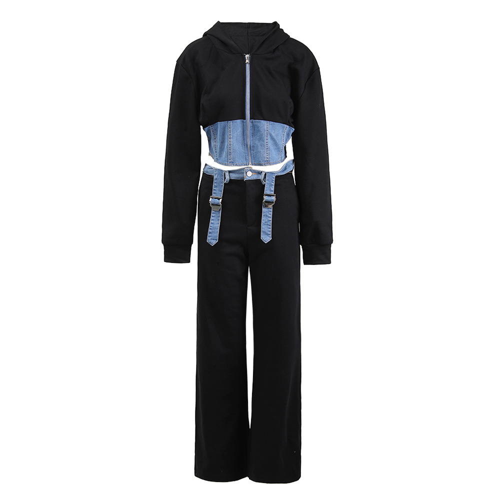 Women's Clothing retro hooded long sleeved denim splicing sweater suit spring new style ribbon trousers casual two piece suit for women_voghion.com