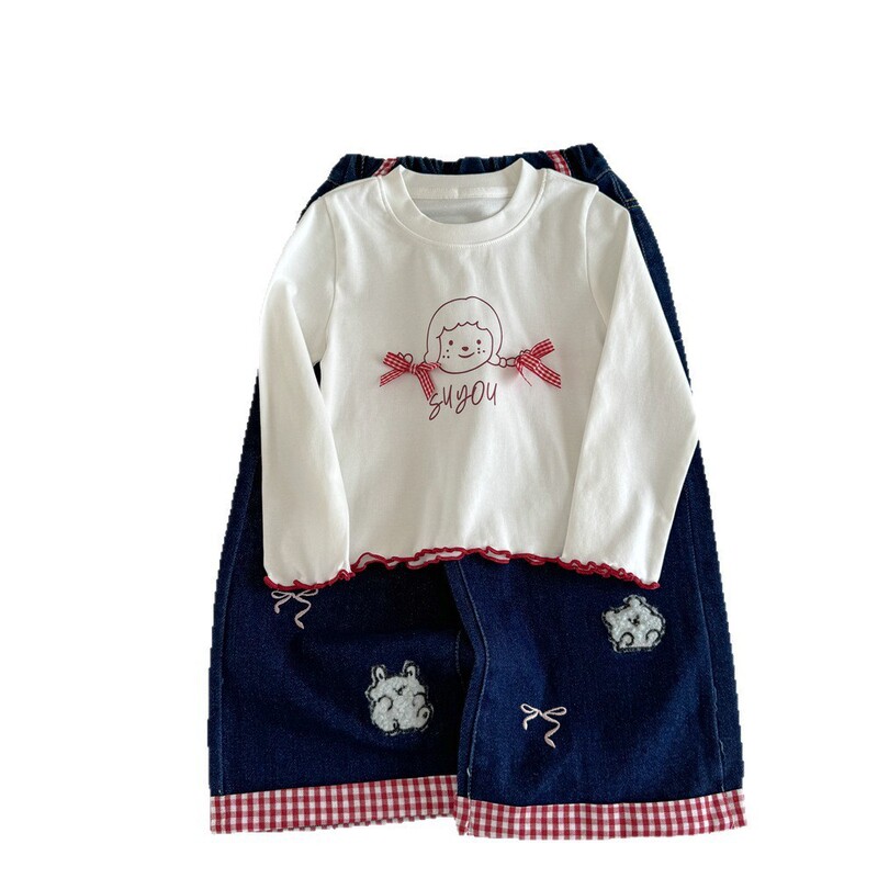 クリームガールズ子供服秋の新作子供韓国風リボンベビードールシャツボトリングシャツ+ジーンズ2点セット|undefined