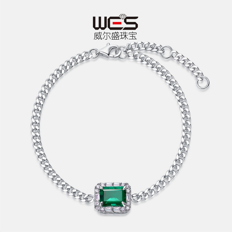 Nueva pulsera de cadena de esmeralda de cultivo geométrico clásico transfronterizo S925 con incrustaciones de plata para cultivar gemas pulsera de alta calidad mujer