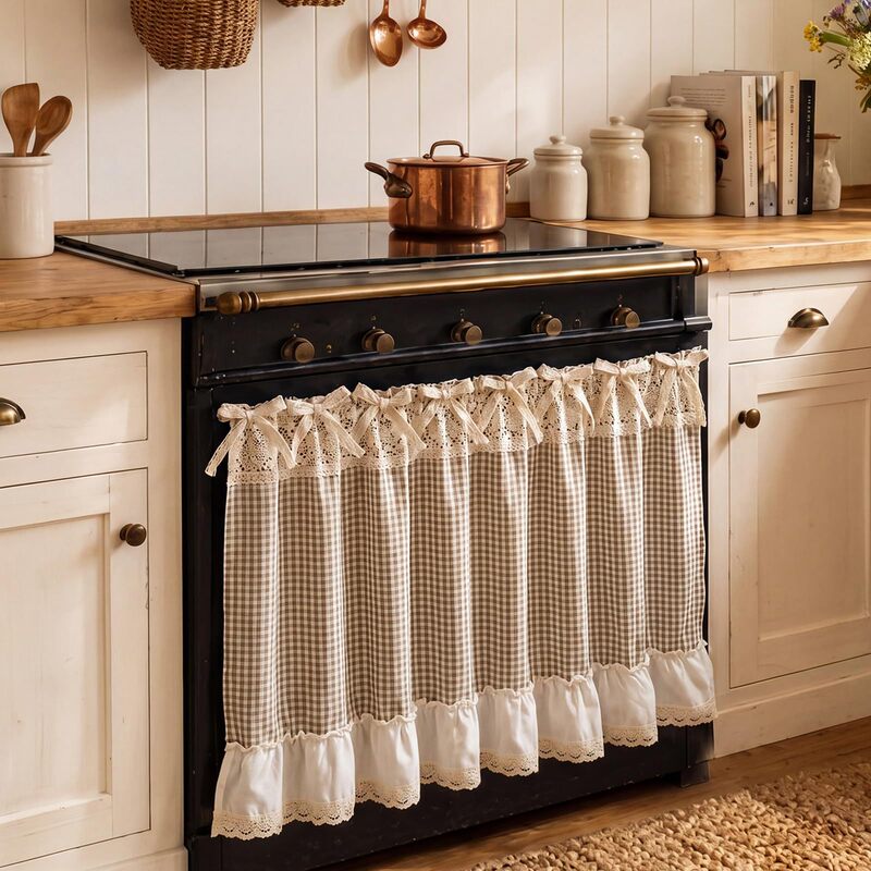 Custom-made thickened linen crochet vintage oven curtain kitchen plaid oven curtain oven skirt Amazon