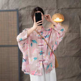古咖啡苏春季中式苎麻印花长袖衬衣女立领中国风复古盘扣上衣开衫