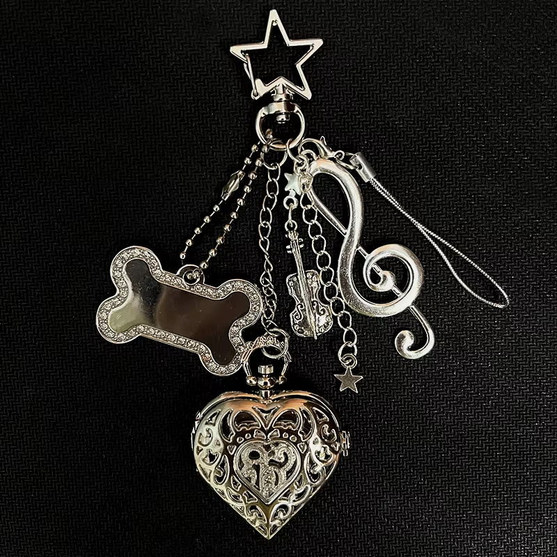 Vintage Heart Keychain Pocket Watch Pendant Star Moon Necklace_voghion.com