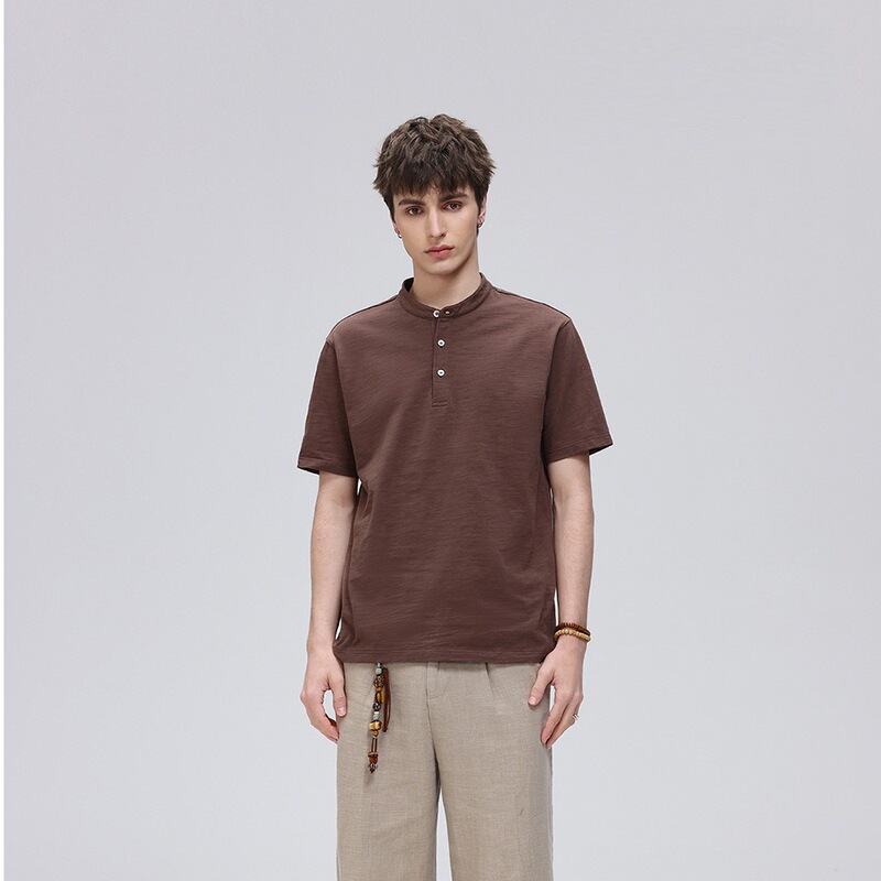 Commuter Street Fashion High-Collar Summer Solid Color Low-Neck Ins Henley Short-Sleeve T-Shirt Men's Casual Simple Top